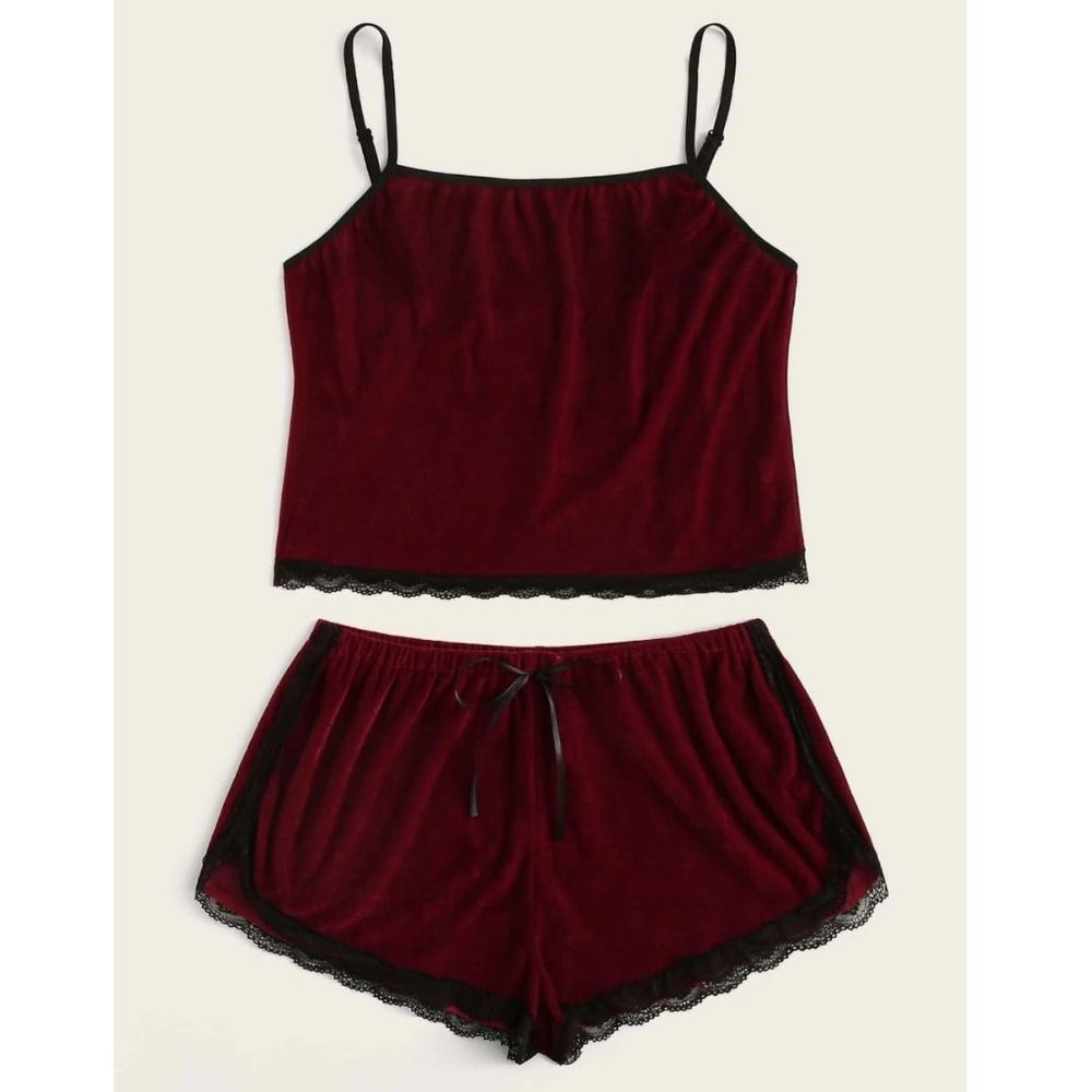 Shein Plus Lace Trim Velvet Pajama Set